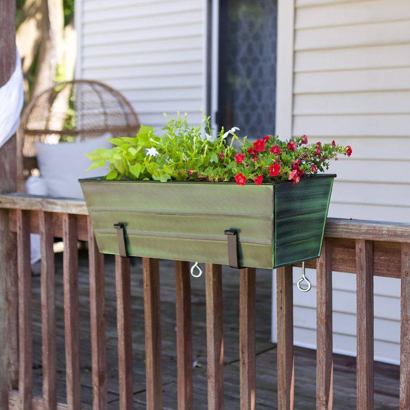 ACHLA Designs 24" Wide Rectangular Flower Box Galvanized Steel with Black Wrought Iron Clamp-On Brackets Green Patina