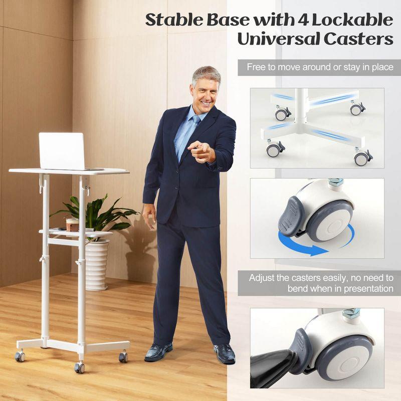 Costway 1 PCS Mobile Lectern Podium with Tilting Top Storage Tray Lockable Casters White