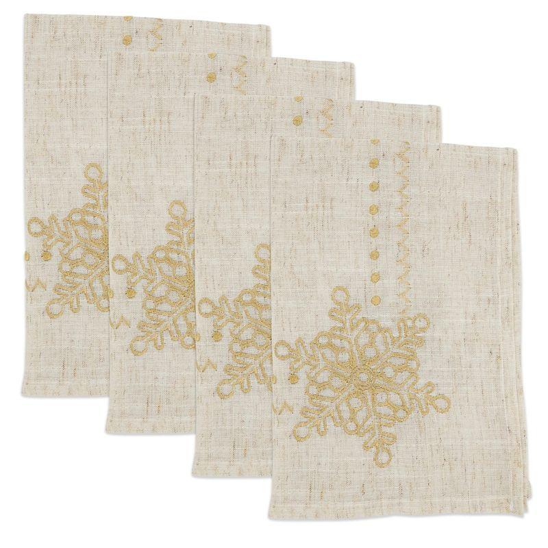 Natural Linen Embroidered Snowflake Winter Napkins, Set of 4