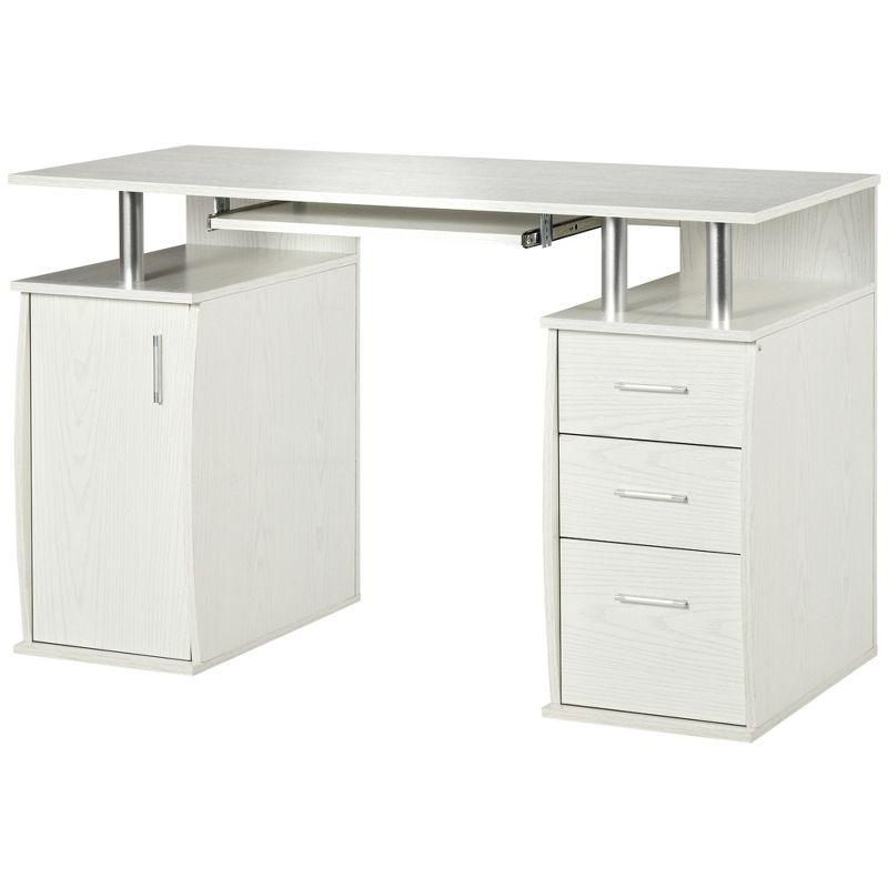 HOMCOM 47" Computer Desk with Keyboard Tray and Storage Drawers, Home Office Workstation Table with Storage Shelves, White