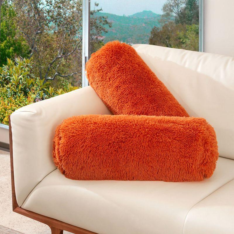 Rust Orange Shaggy Long Hair Bolster Pillows Set