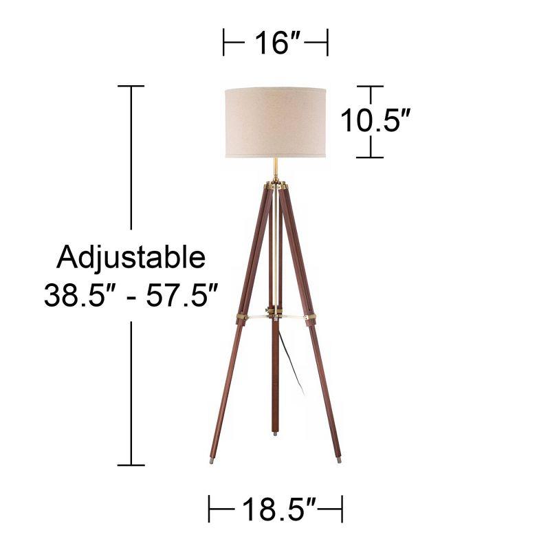 Possini Euro Design Surveyor Modern Tripod Floor Lamp 57 1/2" Tall Cherry Wood Adjustable Beige Linen Drum Shade for Living Room Bedroom Office House