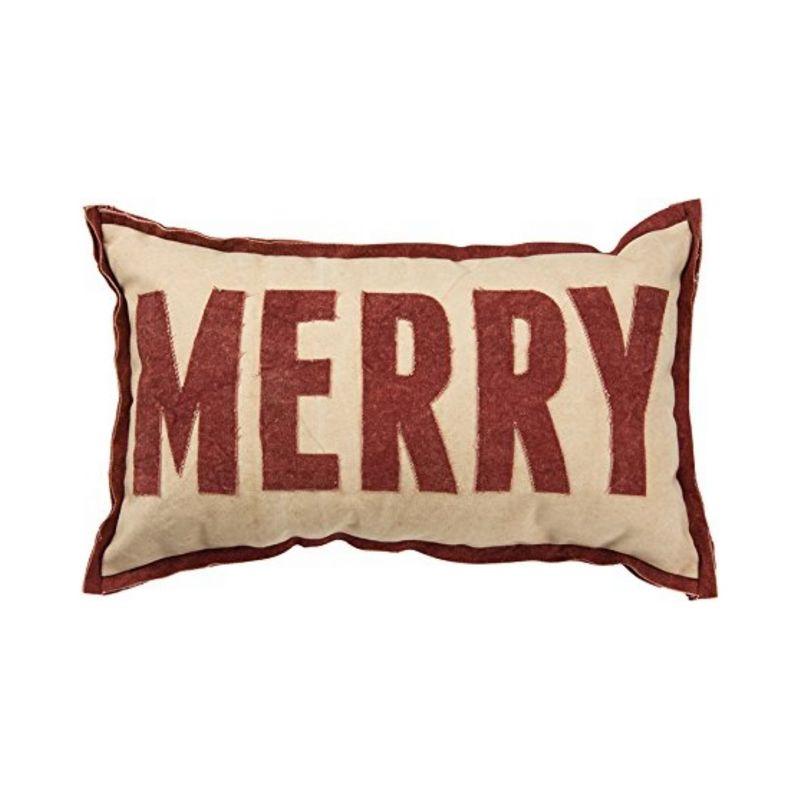 Merry Red and Tan Cotton Canvas Holiday Throw Pillow