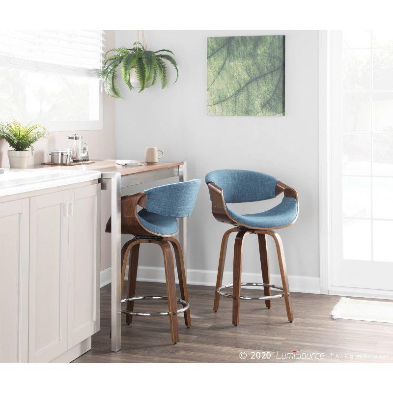 LumiSource Set of 2 Curvini Upholstered Counter Height Barstools Blue/Walnut: Swivel, Chrome-Plated, Wood Legs