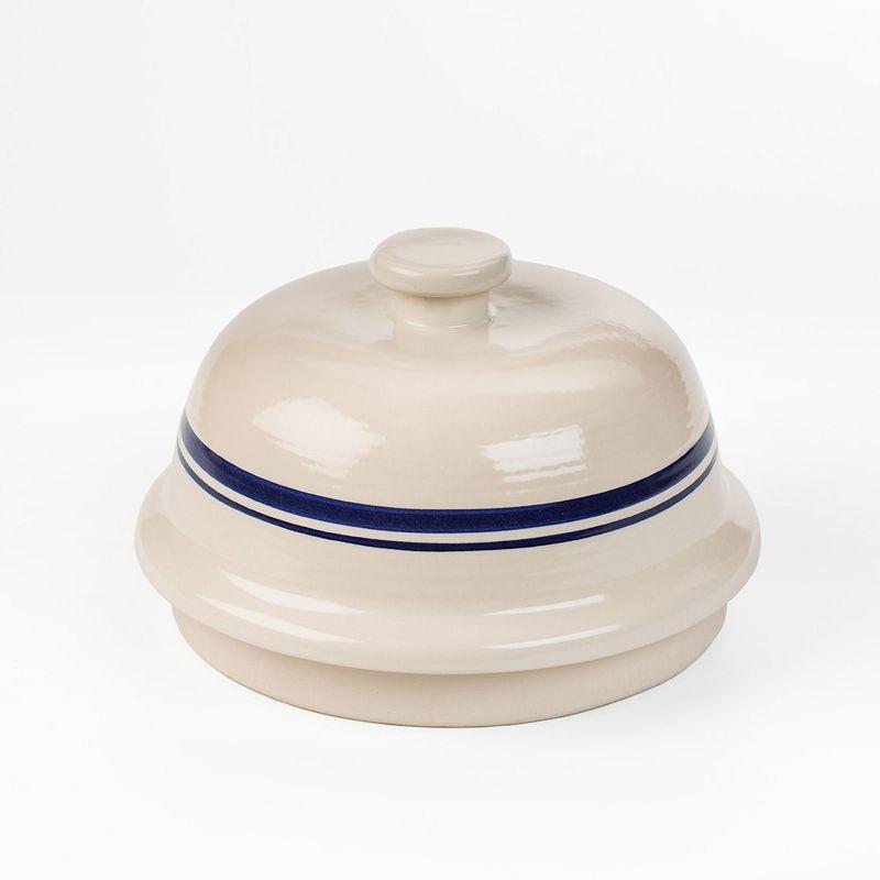 Beige and Blue Stoneware Dome Bread Baking Pan with Lid