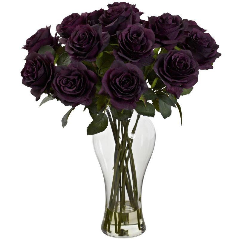 Nearly Natural Blooming Roses with Vase, Burgundy