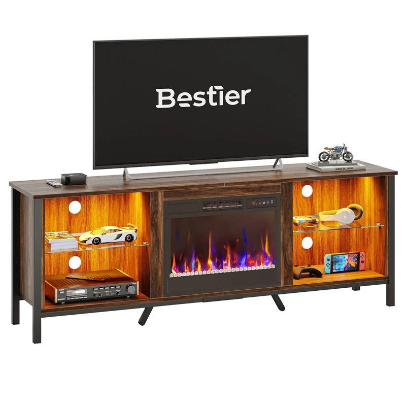 Bestier 70" Modern TV Stand with Electric Fireplace and LED Lights, Gaming Entertainment Center with Cabinet and Large Storage in Living Room,Walnut