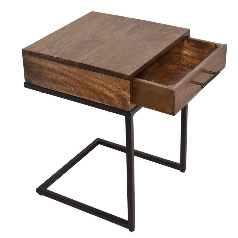 Brown Mango Wood Side Table with Black Iron Base and Drawer