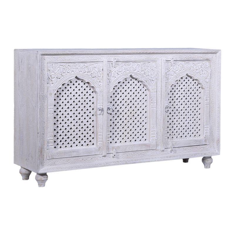 Patrin Distressed White Wooden Sideboard with Carved Doors