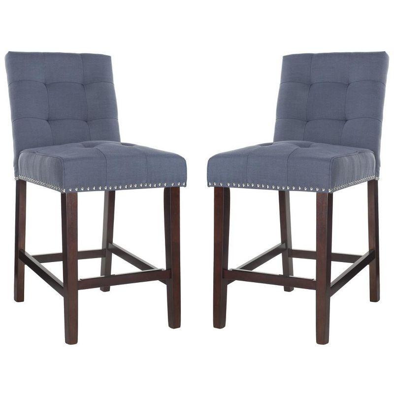 Navy Blue Tufted Linen Transitional Counter Stool, Set of 2