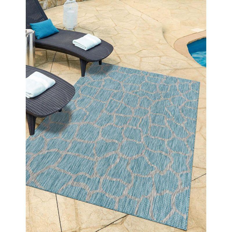 Aqua Blue Abstract Low Pile Indoor/Outdoor Area Rug