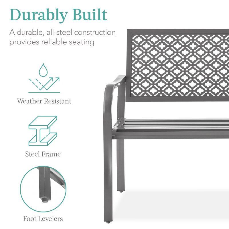 Best Choice Products Indoor Outdoor Steel Garden Bench w/ Geometric Backrest, Foot Levelers - Gray