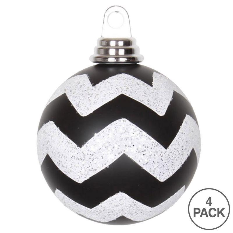 Vickerman 4" Black and White Matte Chevron Ball Christmas Ornament with Glitter Accents, 4 per Box