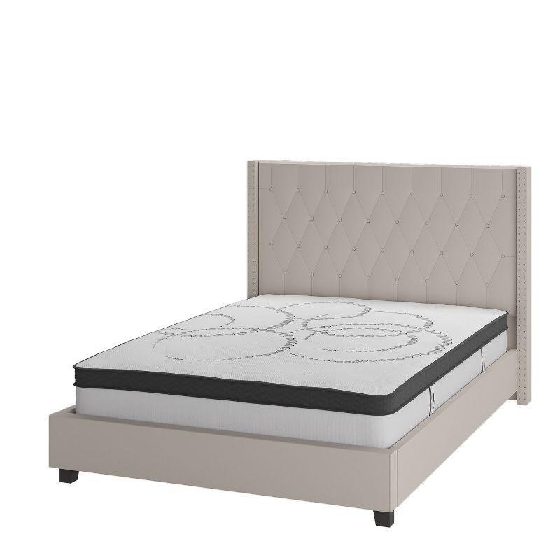 Flash Furniture Riverdale Queen Size Tufted Upholstered Platform Bed in Beige Fabric with 10 Inch CertiPUR-US Certified Pocket Spring Mattress
