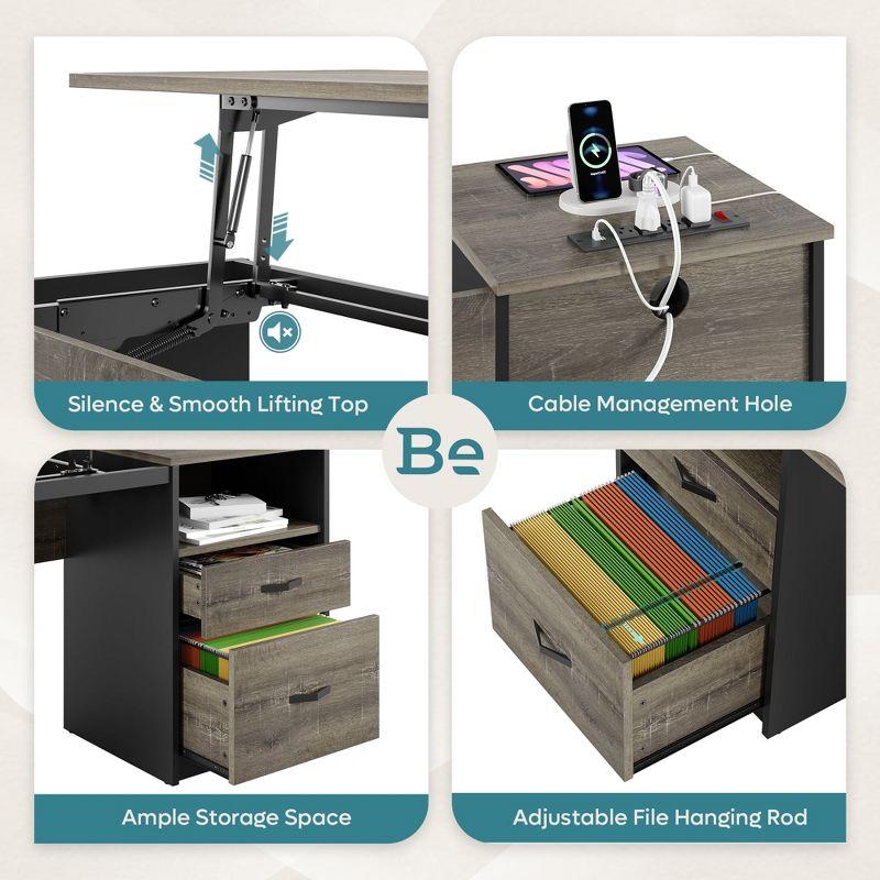 Bestier 60" L Shaped Desk with Power Outlets & Drawer, Lift Top Corner Computer Desk with Storage Shelves, Large Workstation for Home ,Gray