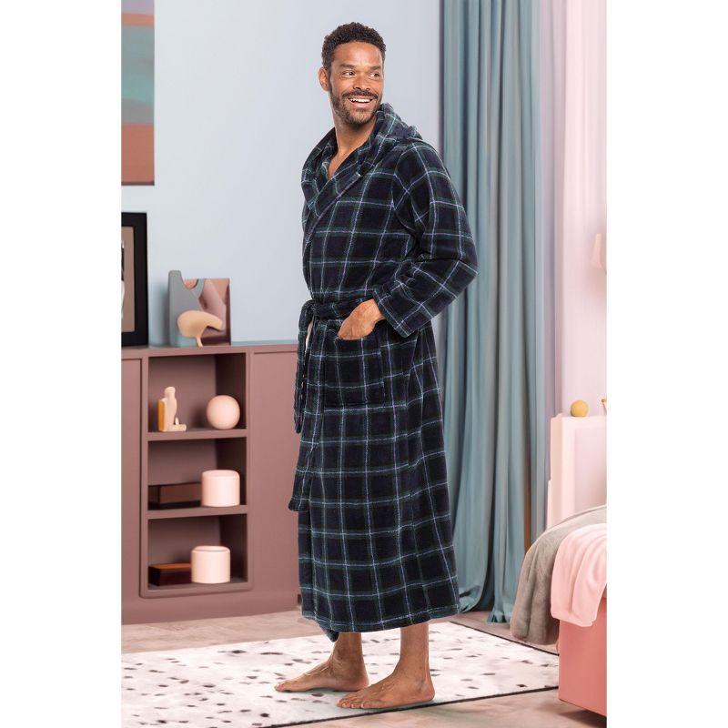 ADR Mens Robe, Plush Fleece Hooded Bathrobe Men, Men's Bathrobes, Big and Tall Bath Robe for Men Blue and Green Tartan Plaid 2XL