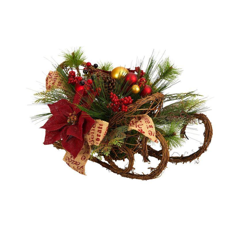 Nearly Natural 18-in Christmas Sleigh with Poinsettia, Berries and Pinecone Artificial Arrangement with Ornaments