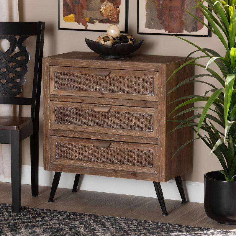 Calida Wood and Rattan 3 Drawer Storage Cabinet Brown - Baxton Studio