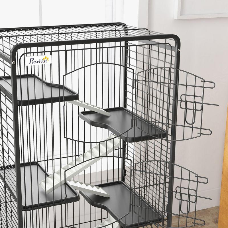 PawHut 6 Level Small Animal Cage for Dwarf Rabbits, Pet Mink, and Chinchillas w/ Removable Tray, Ramp, Water Bottle, Food Dish, Indoor, Black