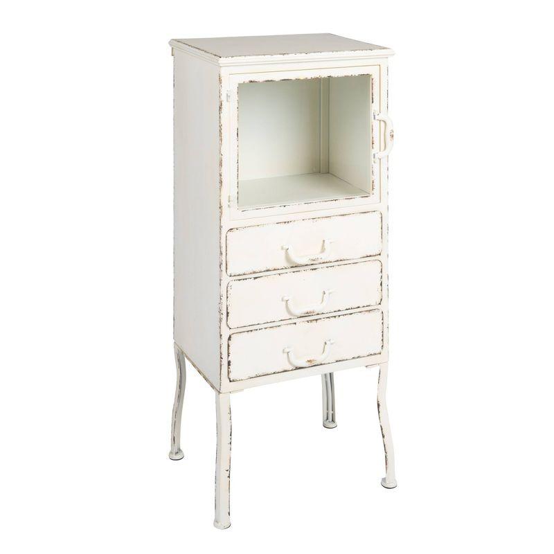 Distressed White Metal Cabinet with 3 Drawers and Open Shelf