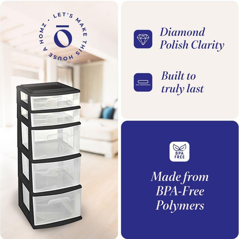 Homz Plastic 5 Clear Drawer Medium Home Closet Organizer Storage Container Tower with 3 Large Drawers and 2 Small Drawers, Black Frame