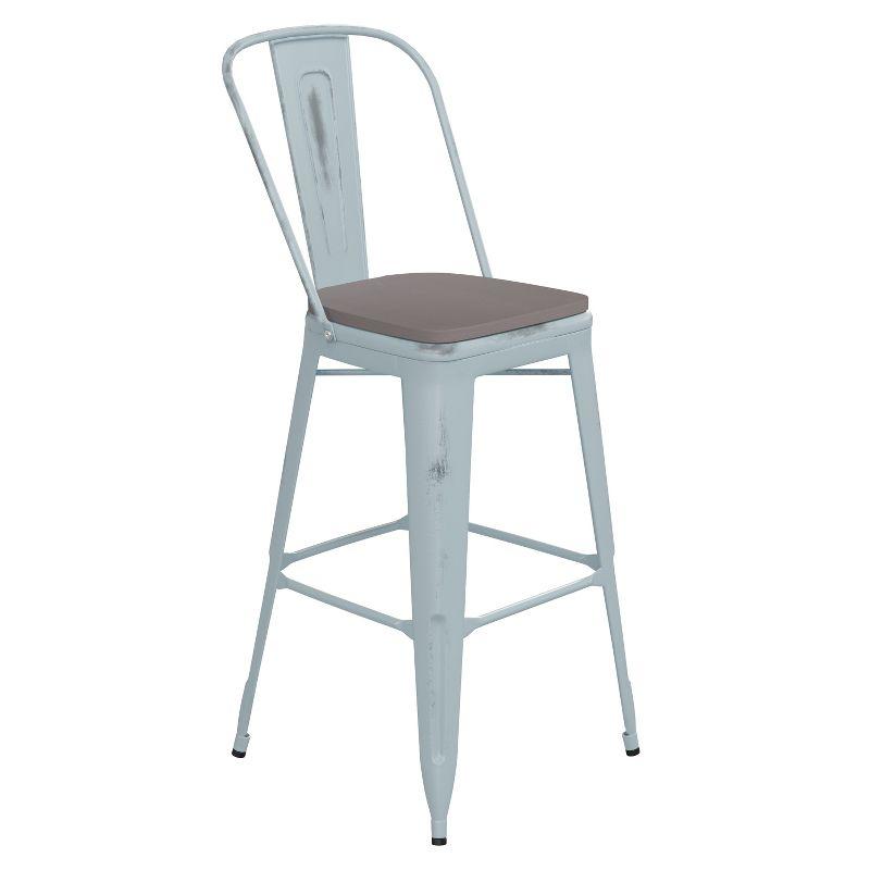Flash Furniture Carly Commercial Grade 30" High Green-Blue Metal Indoor-Outdoor Barstool with Back with Gray Poly Resin Wood Seat