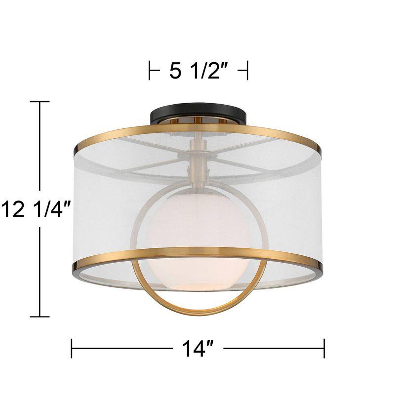 Possini Euro Design Carlyn Modern Art Deco Ceiling Light Semi Flush Mount Fixture 14" Wide Warm Brass Black Orb Organza Drum Shade for Bedroom Kitchen