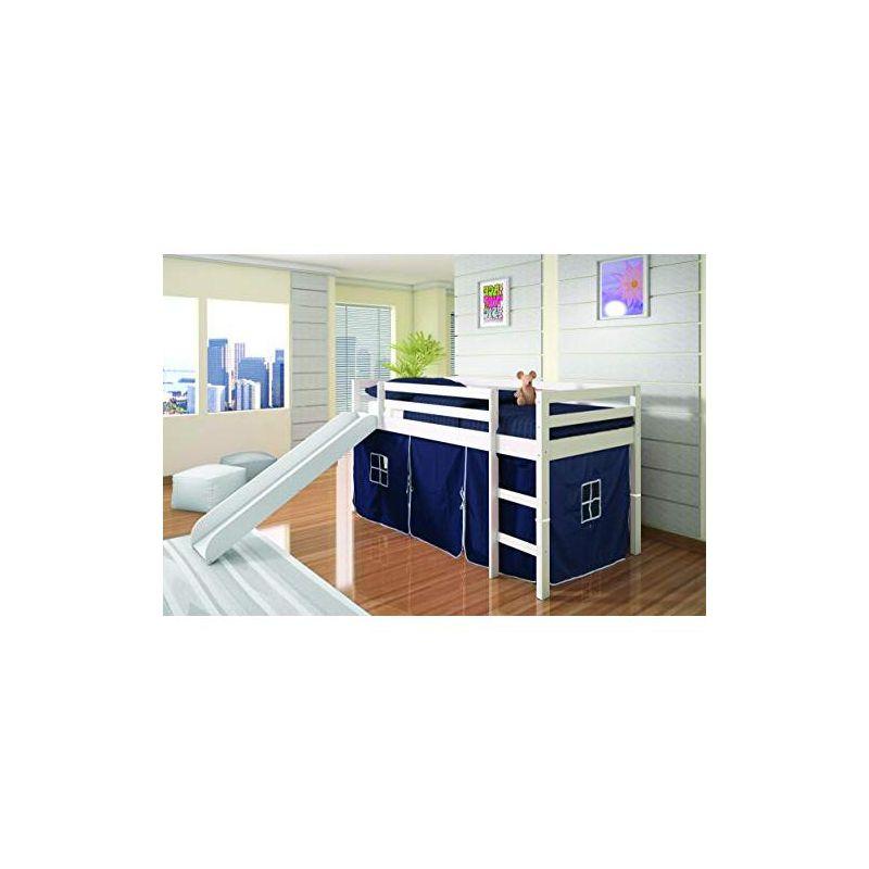 Donco Kids Low Loft Bed with Slide and Blue Tent, Twin, White