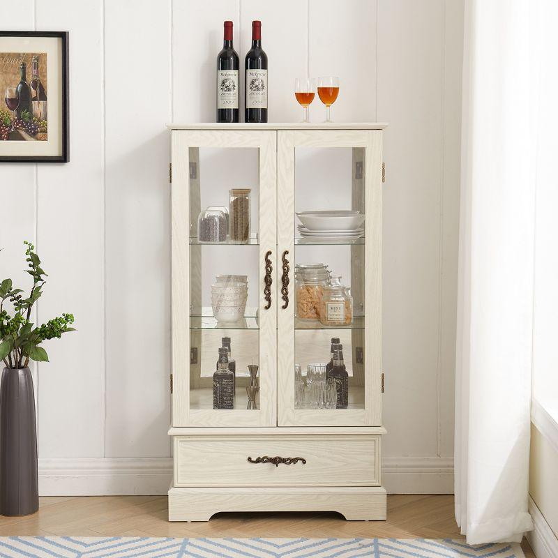 TIRAMISUBEST Glass Cabinet Lighted Glass Cabinet Curio Display Cabinet with Adjustable Glass Shelves 2 Doors and 1 drawer Cabinet Bulb