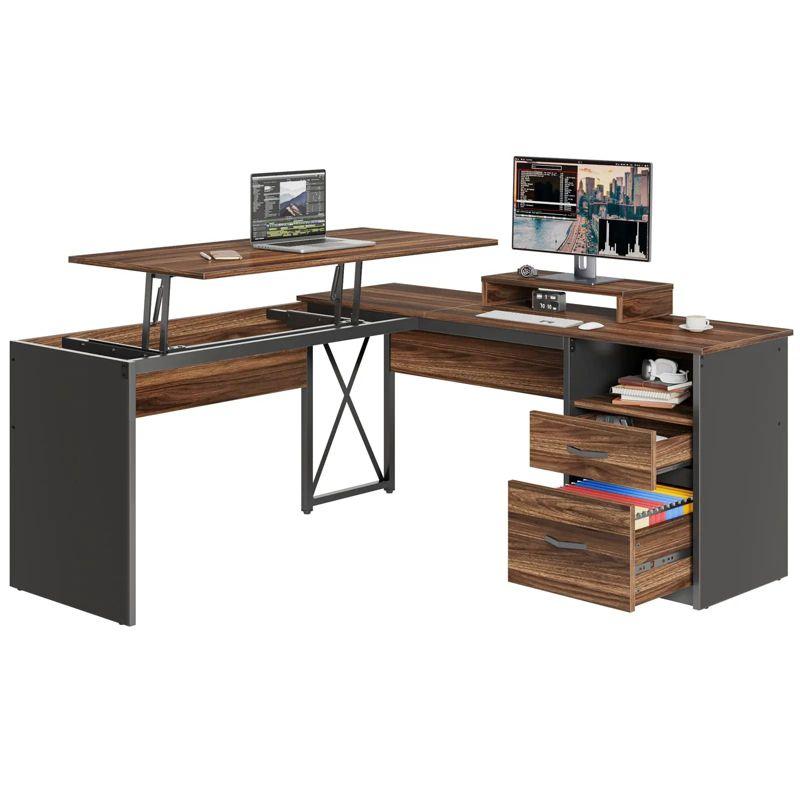 Walnut L-Shaped Desk with Adjustable Monitor Stand and Storage