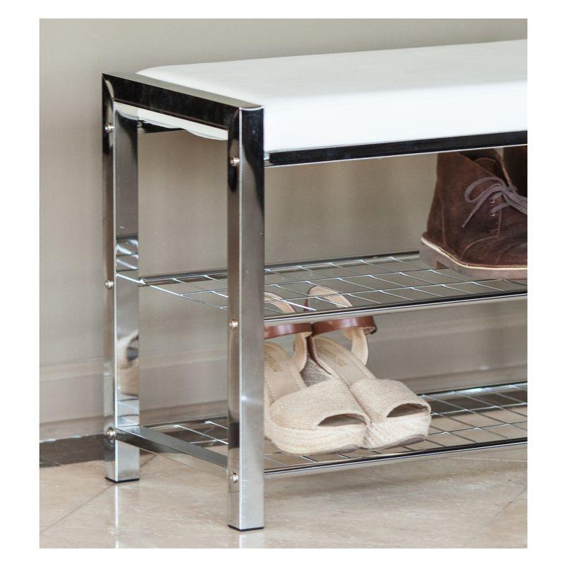 Chic White Leatherette and Chrome Metal Frame Entryway Shoe Bench with Storage