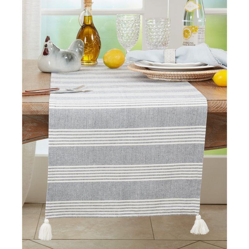 Blue and White Cotton Striped Table Runner with Tassels