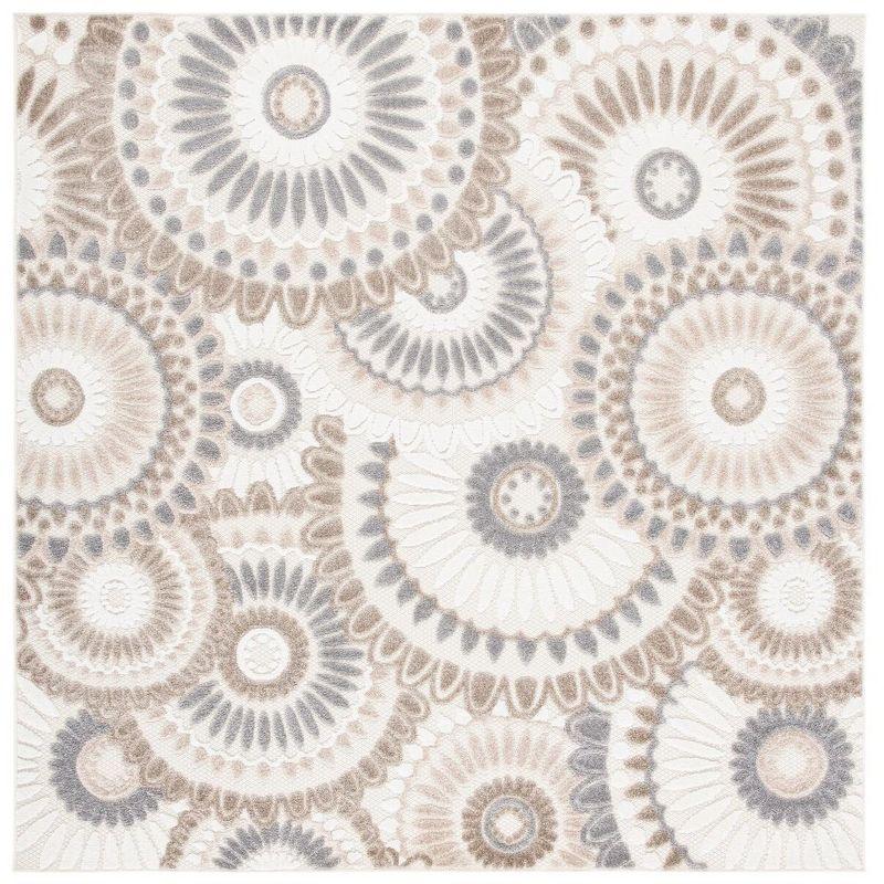 Grey and Ivory Floral Synthetic Square Indoor/Outdoor Rug