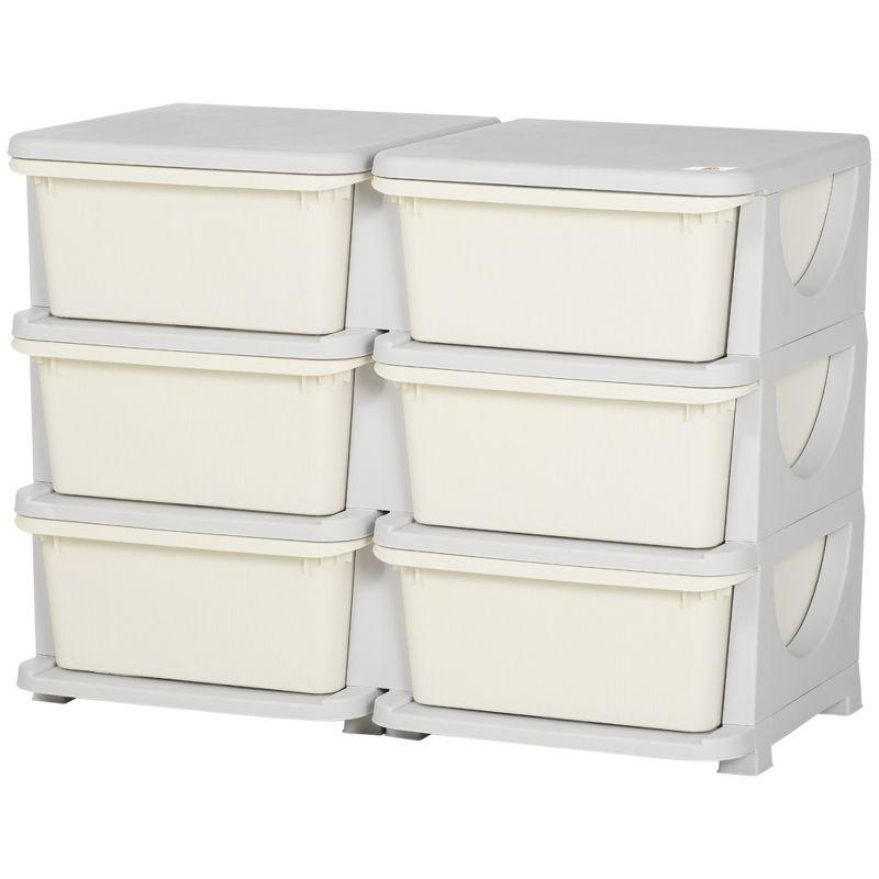 Qaba 3 Tier Kids Storage Unit w/ 6 Drawers Chest Toy Organizer Plastic Bins for Kids Bedroom Nursery Living Room for Boys Girls Toddlers, Cream