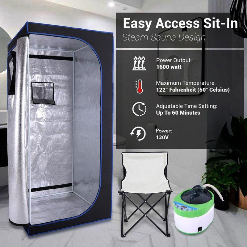 SereneLife Portable Full Size Personal Home Spa Steam Sauna with Hand Access Zippers, Remote Control, Timer, and Folding Chair, Black