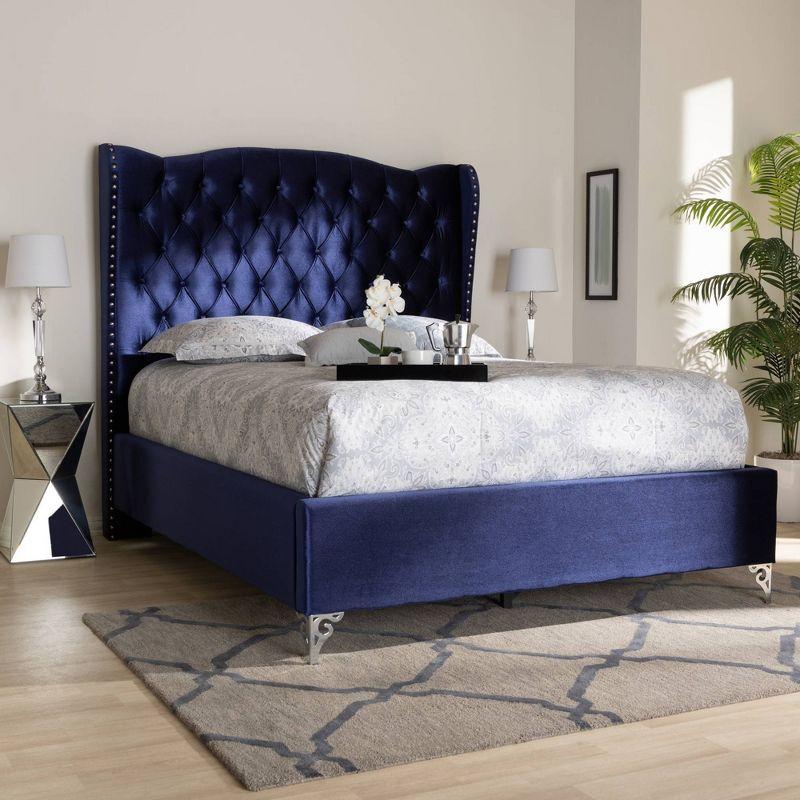 Luxurious Navy Blue Velvet Queen Bed with Tufted Wingback Headboard