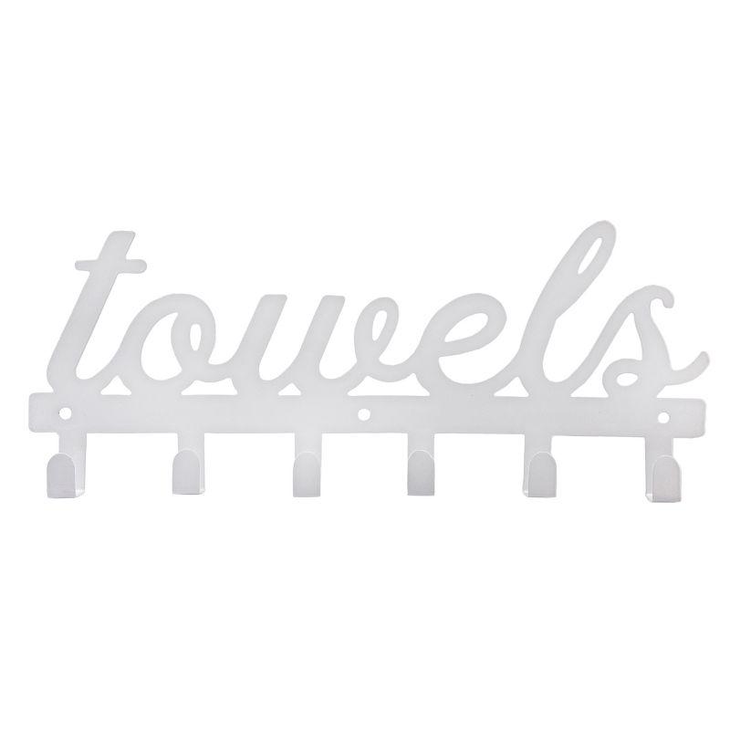 AuldHome Design White Towel Hanger w/6 Hooks; Farmhouse Style Towel Hanger Hooks for Wall / Door mounted