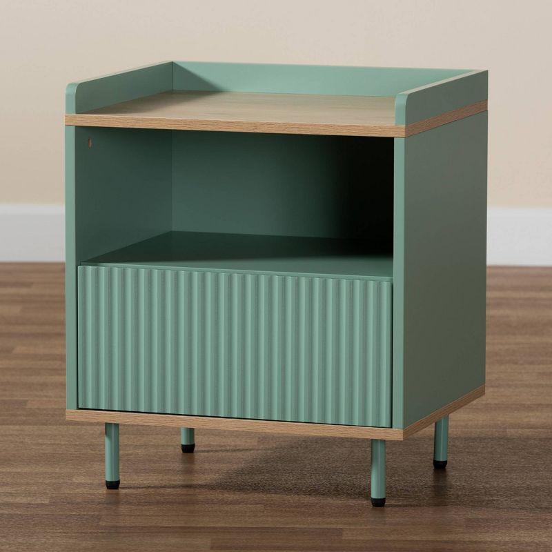 Tavita Two-Tone Wood 1 Drawer End Table Oak Brown/Mint Green - Baxton Studio: Side Table with Storage Shelf