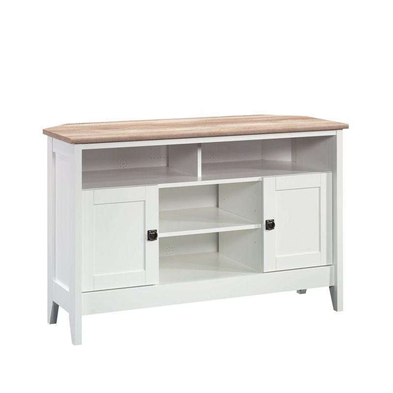 Soft White Corner TV Stand with Cabinet and Oak Top