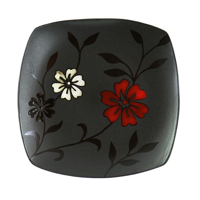 Evening Blossom Black Floral Ceramic Square Dinnerware Set, Service for 4