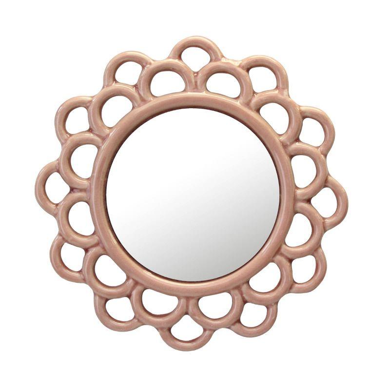 9" Decorative Round Floral Ceramic Wall Hanging Mirror Pink - Stonebriar Collection: Elegant Scalloped Edge, Keyhole Hanger