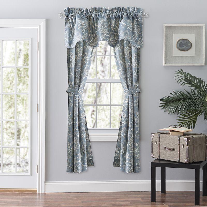 Ellis Curtain Lexington Leaf Pattern on Colored Ground Scallop Valance 58"x15" Blue