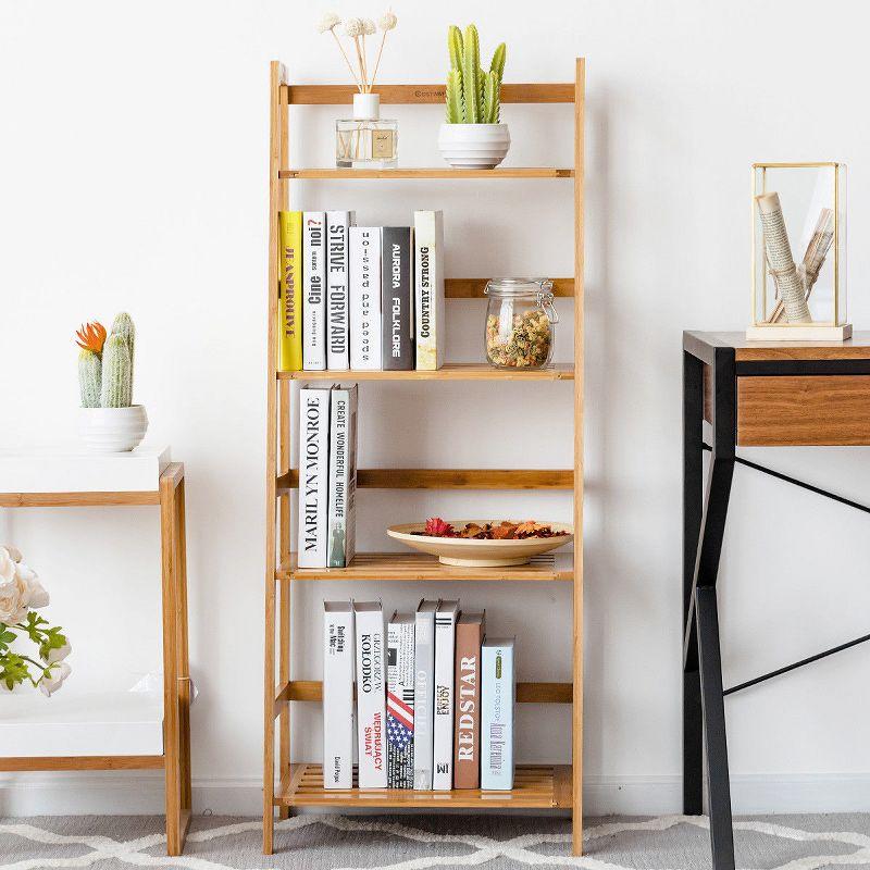 Costway Multifunctional 4 Shelf Bamboo Bookcase Ladder Plant Flower Stand Rack Storage White/Natural