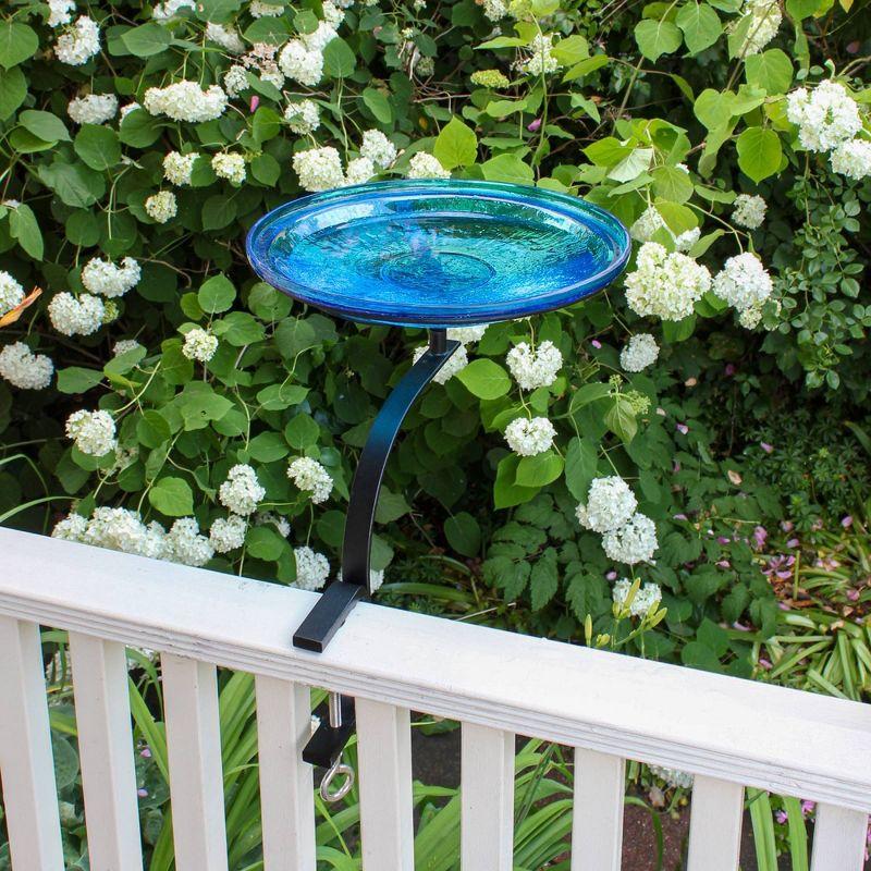 13.7" Reflective Crackle Glass Birdbath Bowl with Rail Mount Bracket Teal Blue - Achla Designs: Weather-Resistant, No Assembly Required