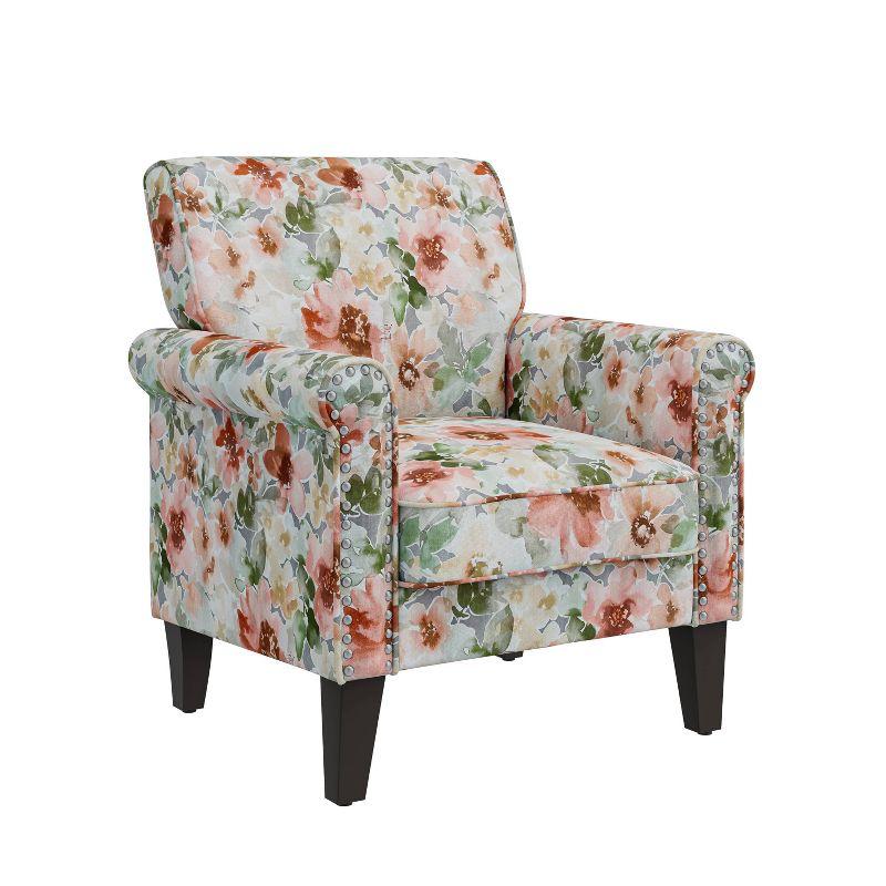 Handy Living Janet Traditional Rolled Accent Armchair with Pewter Nailheads Floral Pattern Orange/Green