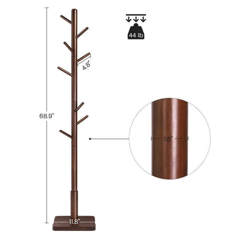 Dark Walnut Rubberwood 8-Hook Freestanding Coat Rack