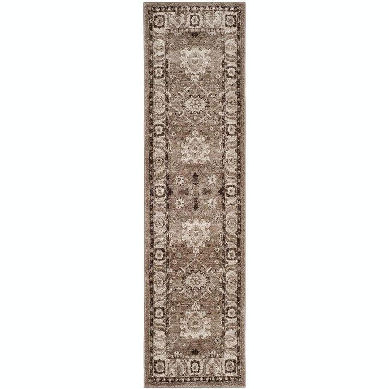 Taupe Floral Motif Synthetic Runner with Border Embellishment