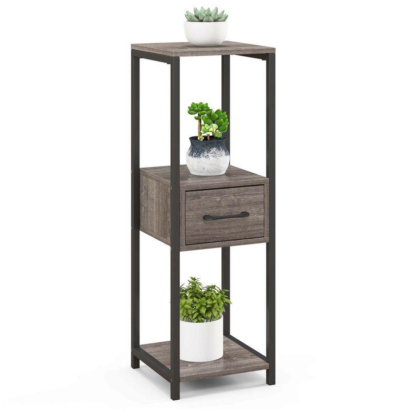 Gray and Black 3-Tier Metal Plant Stand with Drawer