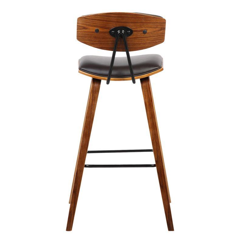 Armen Living 26" Fox Mid-Century Counter Height Barstool in Brown Faux Leather with Walnut Wood: Upholstered Square Seat, Padded Back