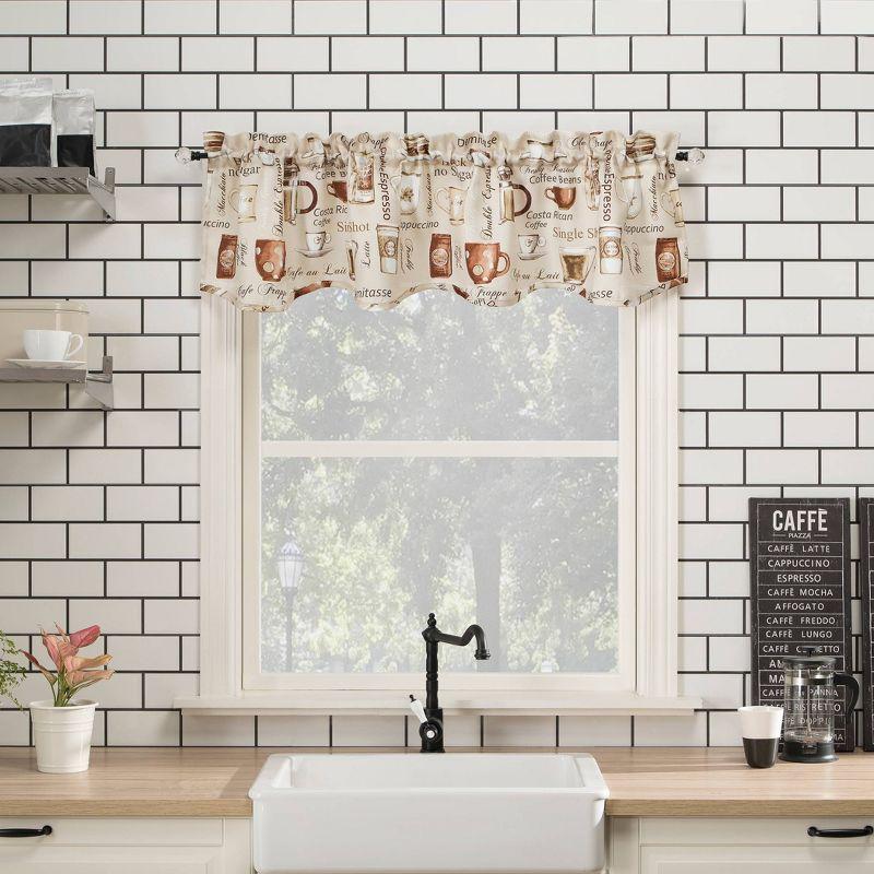 Ivory Coffee Shop Print Semi-Sheer Rod Pocket Kitchen Curtain Set